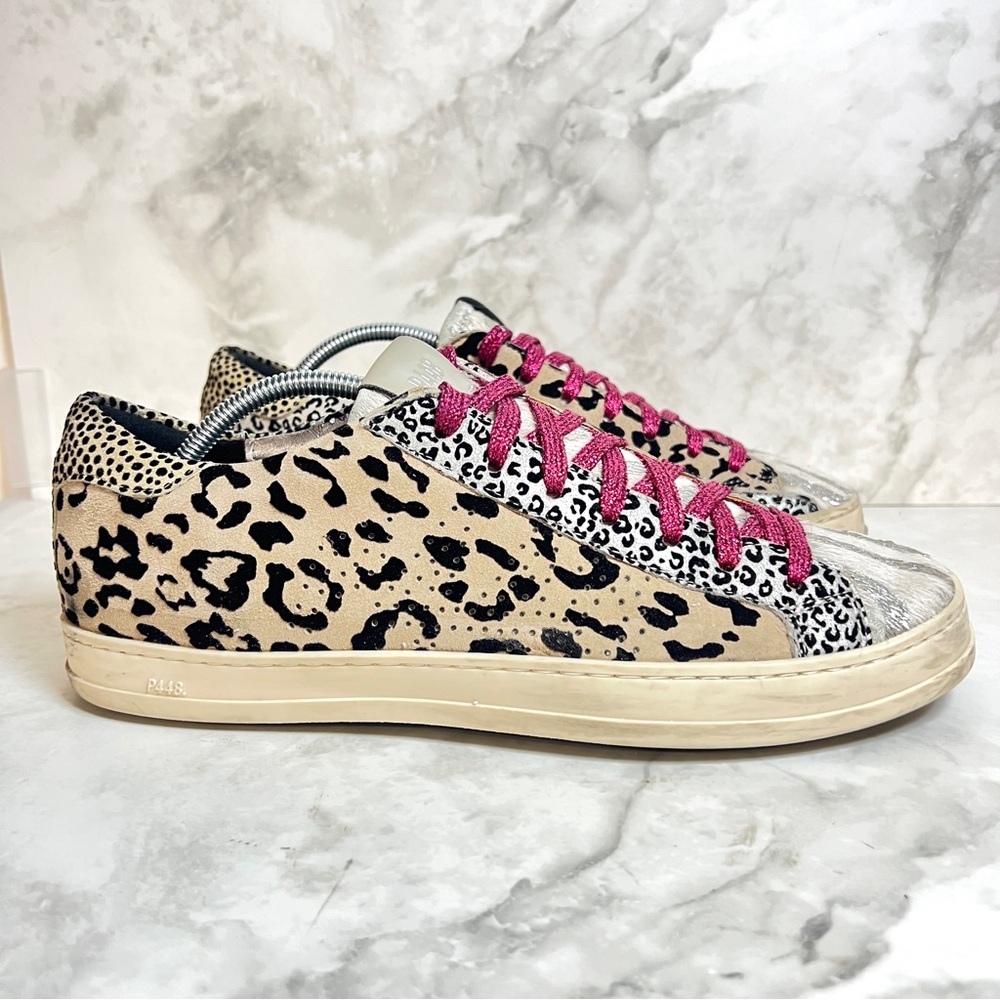 P448 Leopard Print Low-Top Sneakers with Pink Laces and Cream Sole